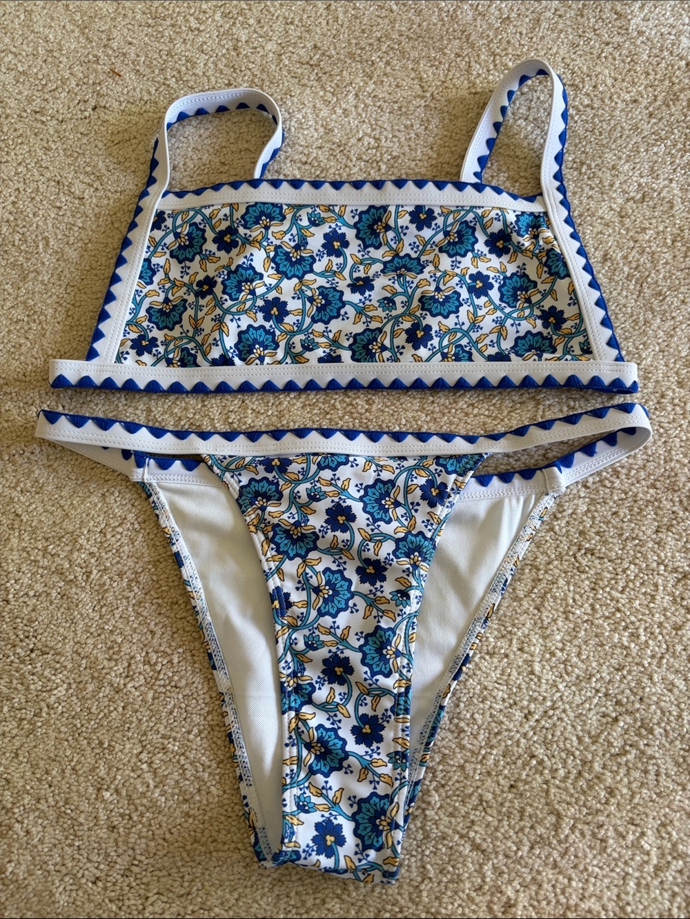 SHEIN White and Blue Floral Trim Two-Piece Bikini